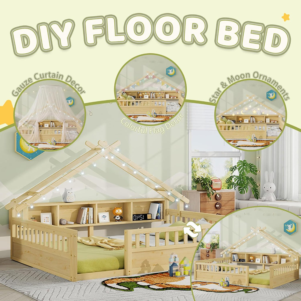 Floor Bed with Storage Bookshelves and Light, Wooden Montessori House Bed Frame with Roof Shape, High