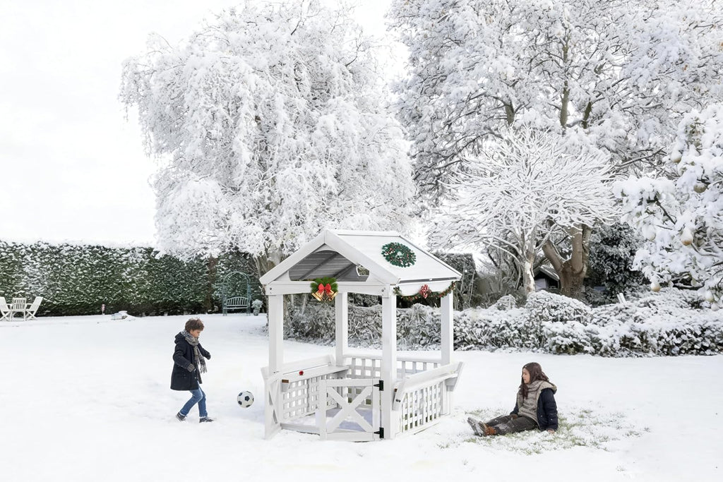Large Outdoor Wooden Playhouse for Kids Ages 2-8 Waterproof White Playhouse with Built-in Bench & Door 52" x44"