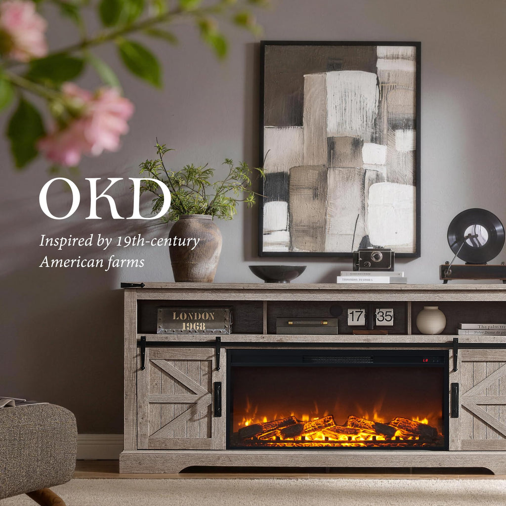 70" Farmhouse TV Stand with 36" Electirc Fireplace, Light Rustic Oak