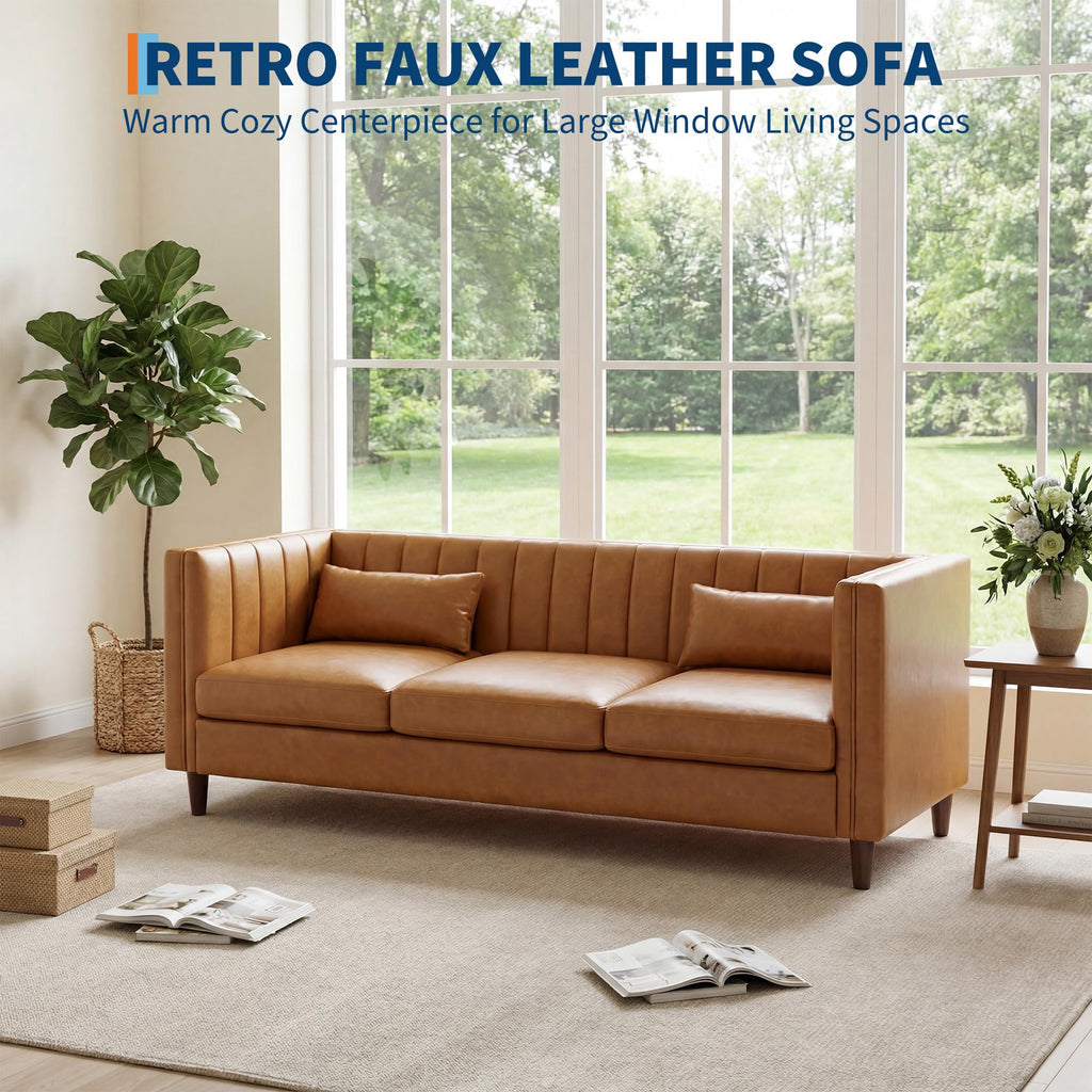 81" PU Leather Sofa, 3-Seater Couch, Cognac Tan