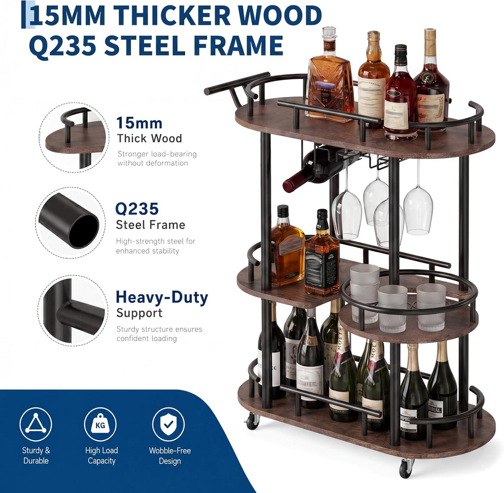 Mobile 3-Tier Serving Cart with Wine Rack and Glass Holder | Metal rolling cart with built-in wine & glass organizer