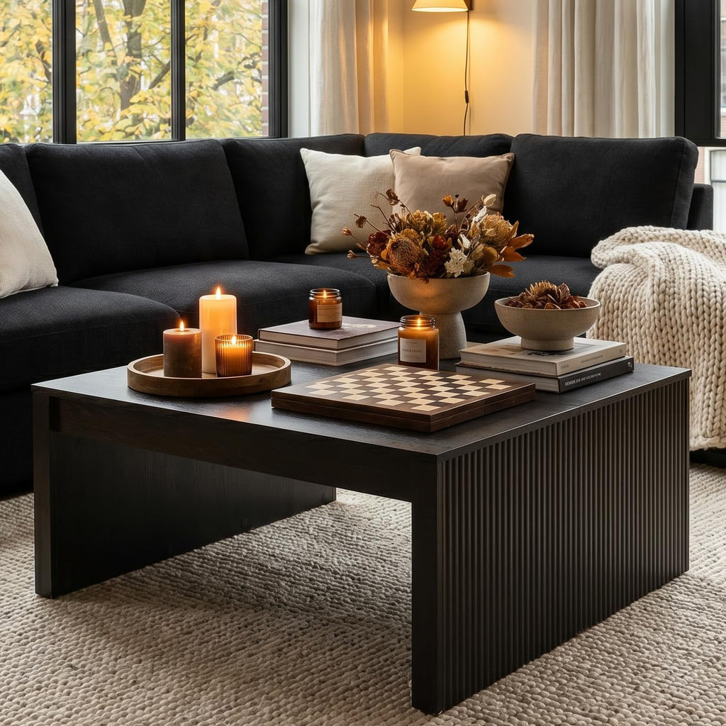 39.4" Square Fluted Coffee Table, Mid-Century Modern Black Center Table, Architectural Wood Cocktail Tea Tables