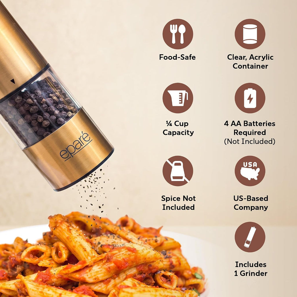 Electric Gold Salt or Pepper Grinder - Battery-Operated Pepper Mill