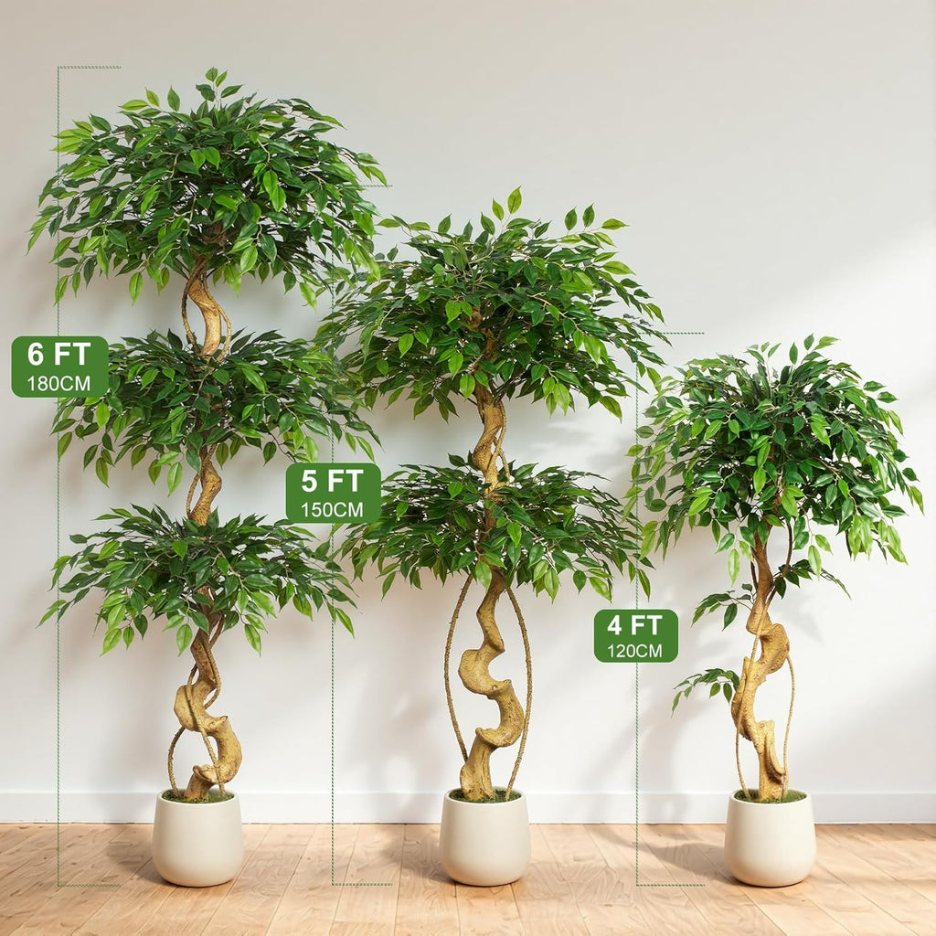 6ft Large Ficus Artificial Trees in White Pot, 72" Tall Fake Silk Tree with Natural Curved Trunk, Lush Faux Ficus