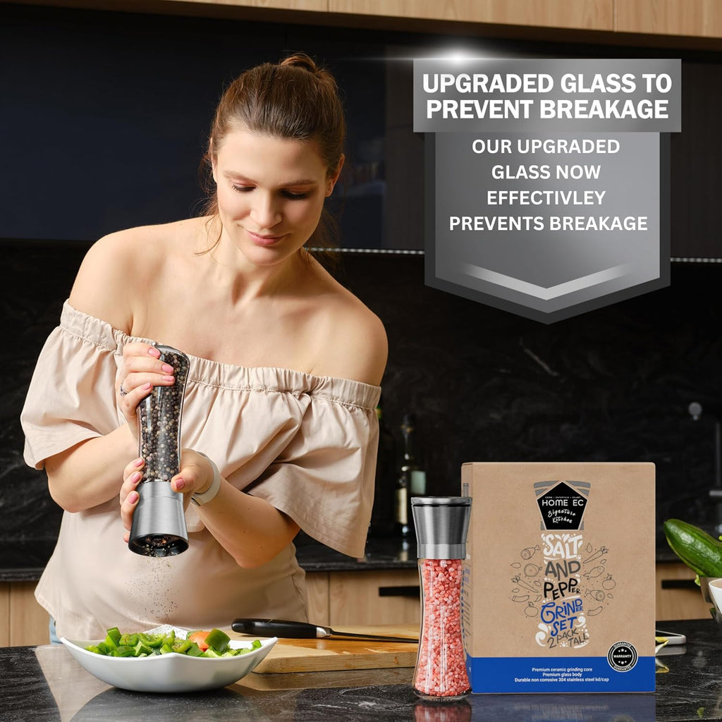 Premium Stainless Steel Sea Salt and Pepper Grinder - Adjustable Ceramic - Tall Glass Salt and Pepper - Set of 2