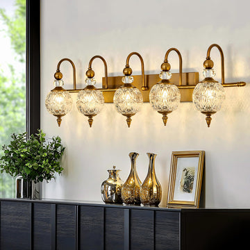 Vintage Bathroom Lights Fixtures Gold Vanity Light with Glass Globe LampShade 5 Light Brushed Brass G9 Bulb Wall
