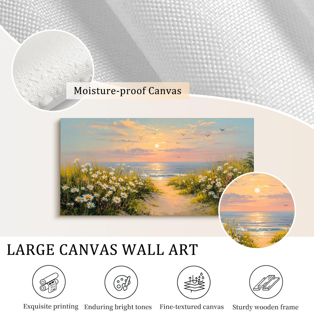 Oversized Large Abstract Coastal Canvas Wall Art, Gold Beach Sand Blue White Ocean Waves Modern Aesthetic Decor