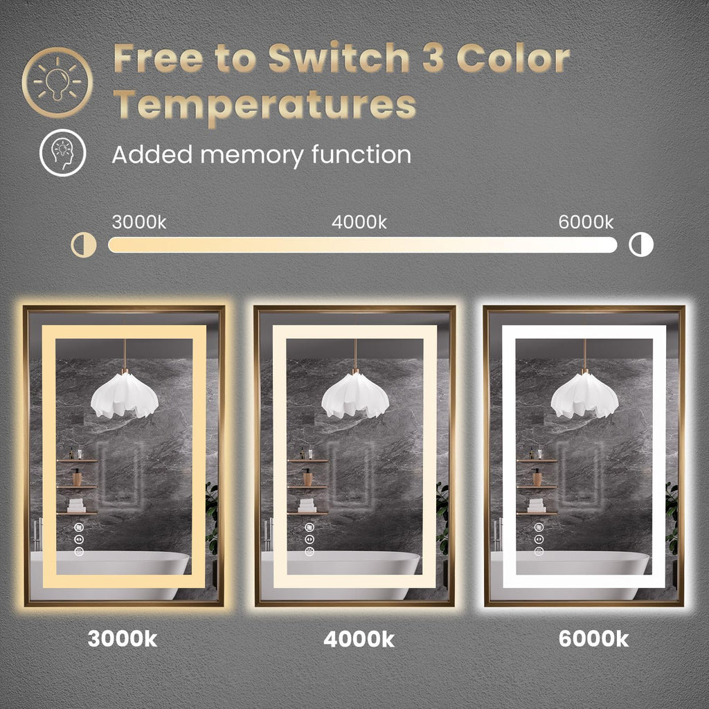 36"X30" LED Bathroom Mirror with Front Lit and Backlit(Brushed Gold)