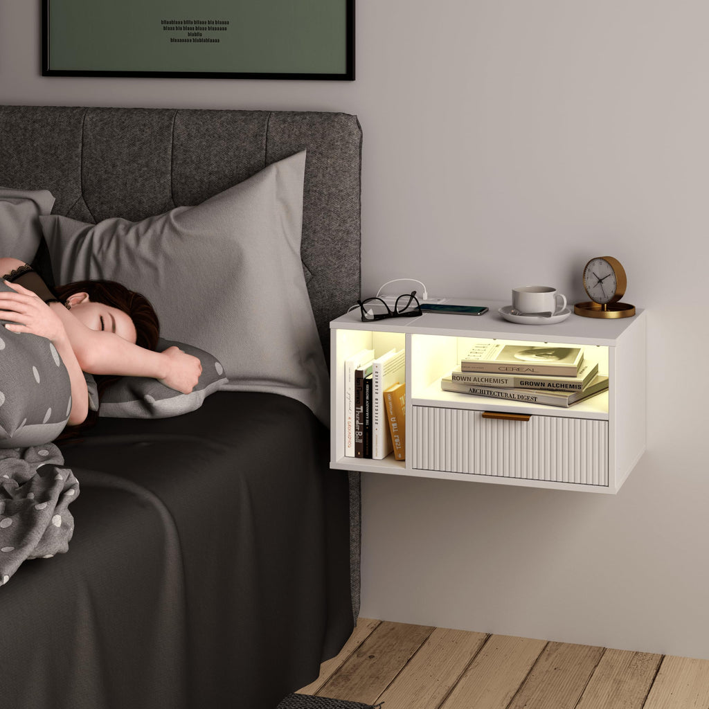 White Floating Nightstand with Charging Station and LED Lights, White