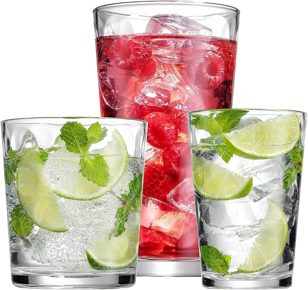 Set of 12 Elegant Everyday Stackable Drinking Glasses - Includes 4-17oz Highball Tumbler Glassware, 4-13oz DOF Rock