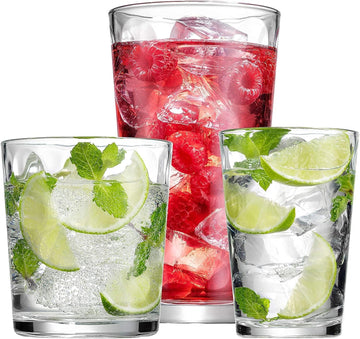 Set of 12 Elegant Everyday Stackable Drinking Glasses - Includes 4-17oz Highball Tumbler Glassware, 4-13oz DOF Rock
