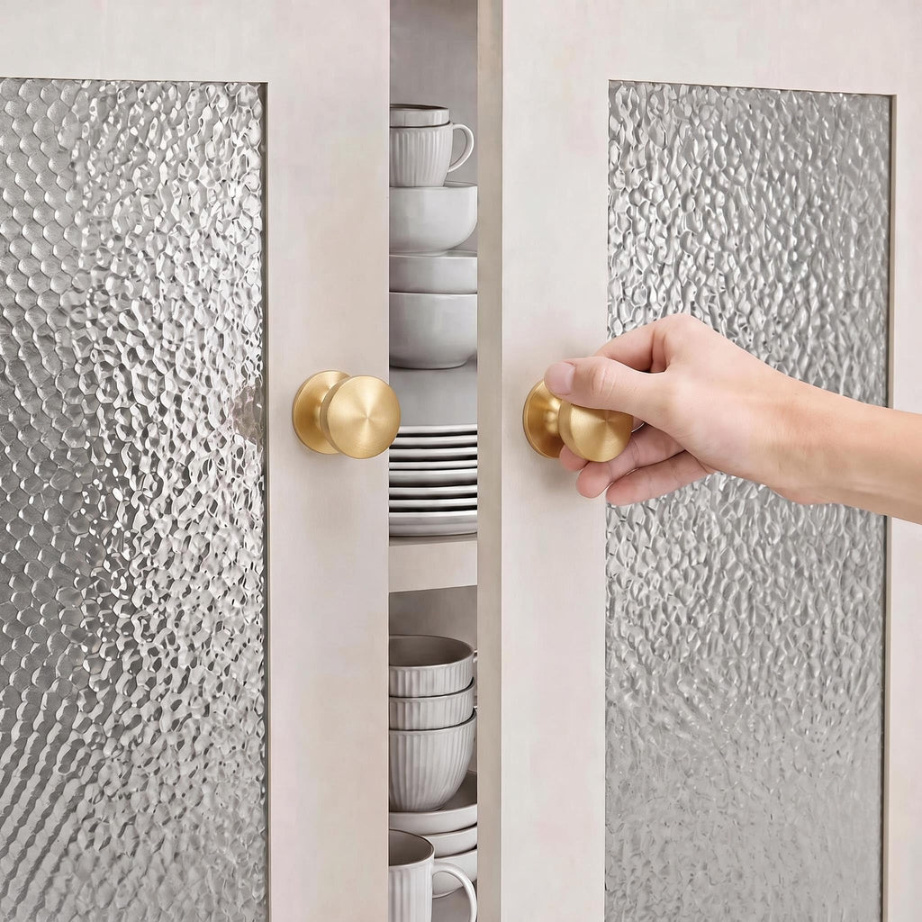 Solid Brass Cabinet Knobs with Wide Base, 1-1/8 Inch Brushed Gold Drawer Knobs, 4 Pack Round Dresser Knobs Cabinets