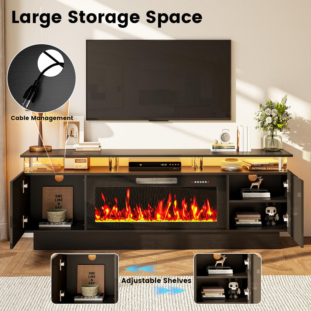 With 36" Fireplace, 70 Inch Black Fire Place TV Stands, Modern Electric with Cabinets & Acrylic Columns