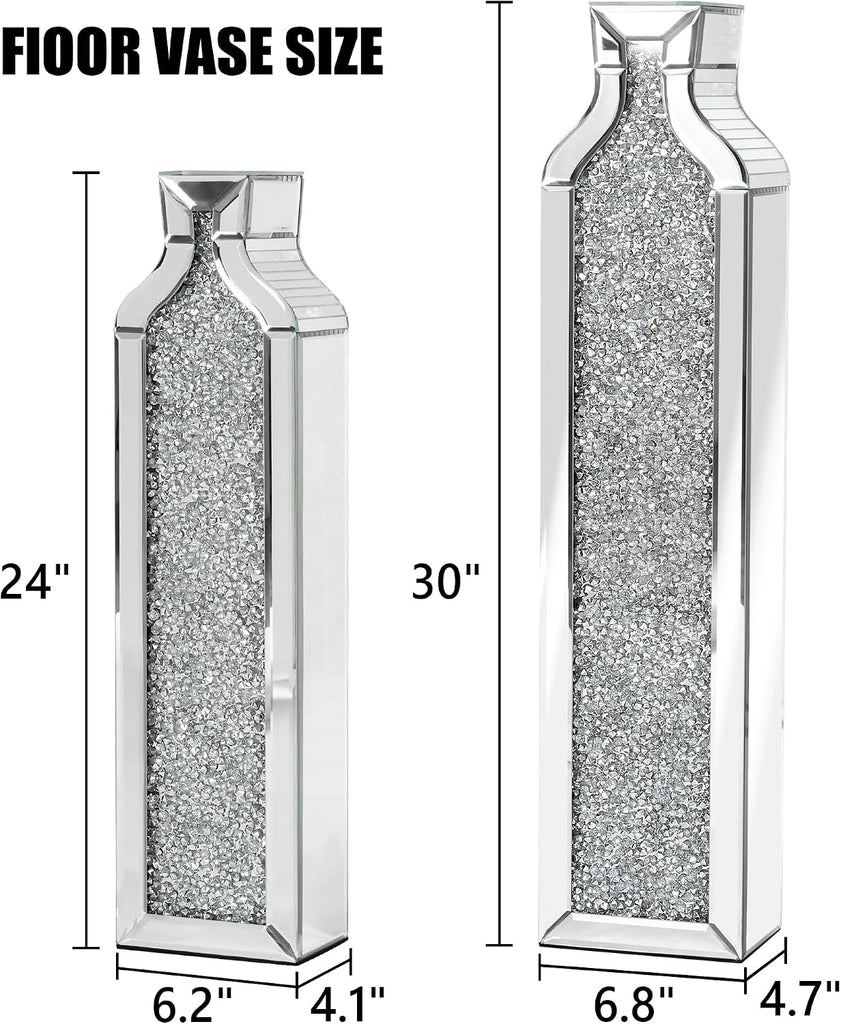 Floor Vase Crushed Diamond Mirrored Vase - Silver Floor Standing Vases Set of 2-24" & 30" Large Crystal Tall Vases