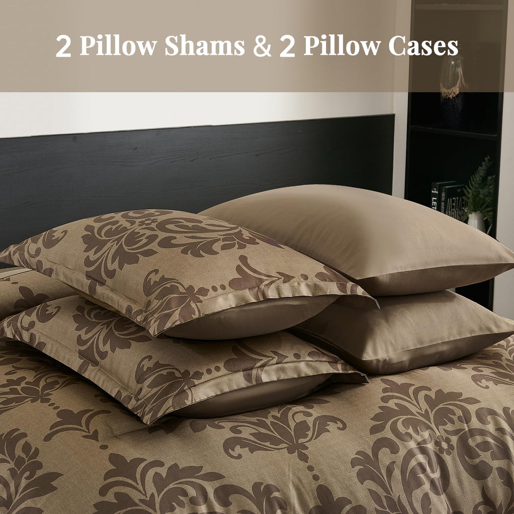 Queen Luxury Comforter Set Dark Brown 7 Piece Boho Damask Bedding