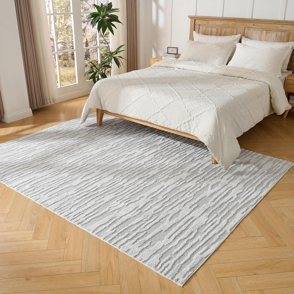 Textured High-Low Striped Area Rug Neutrel, Washable Cozy 6*8 feet