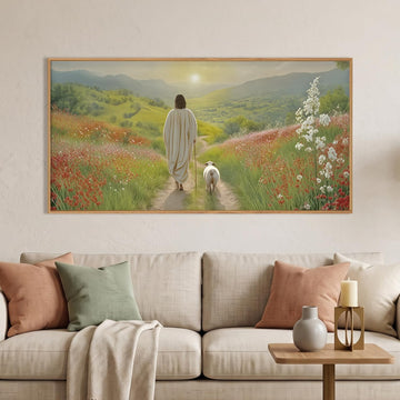 Large Jesus and Lamb Christian Framed Canvas Wall Art, Leaves The 99 Sheep Wall Decor, Mountain Sunset Flower Bible
