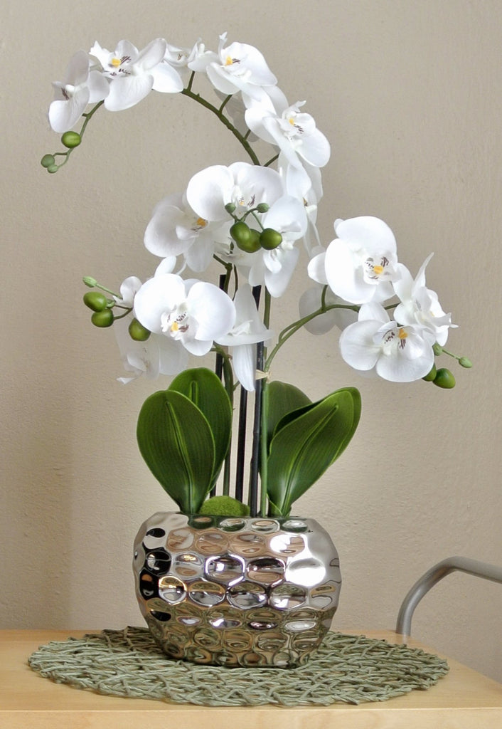 Artificial Flower, Fake Orchid Phalaenopsis Including Textured Metallic-Silver Vase, 24" (White)