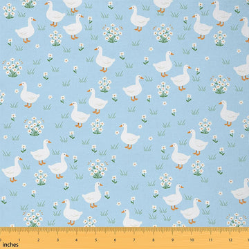 Cute Geese Fabric by The Yard, Flowers Leaves Upholstery Fabric for Sewing Lover, Farm Animals Fabric Crafting