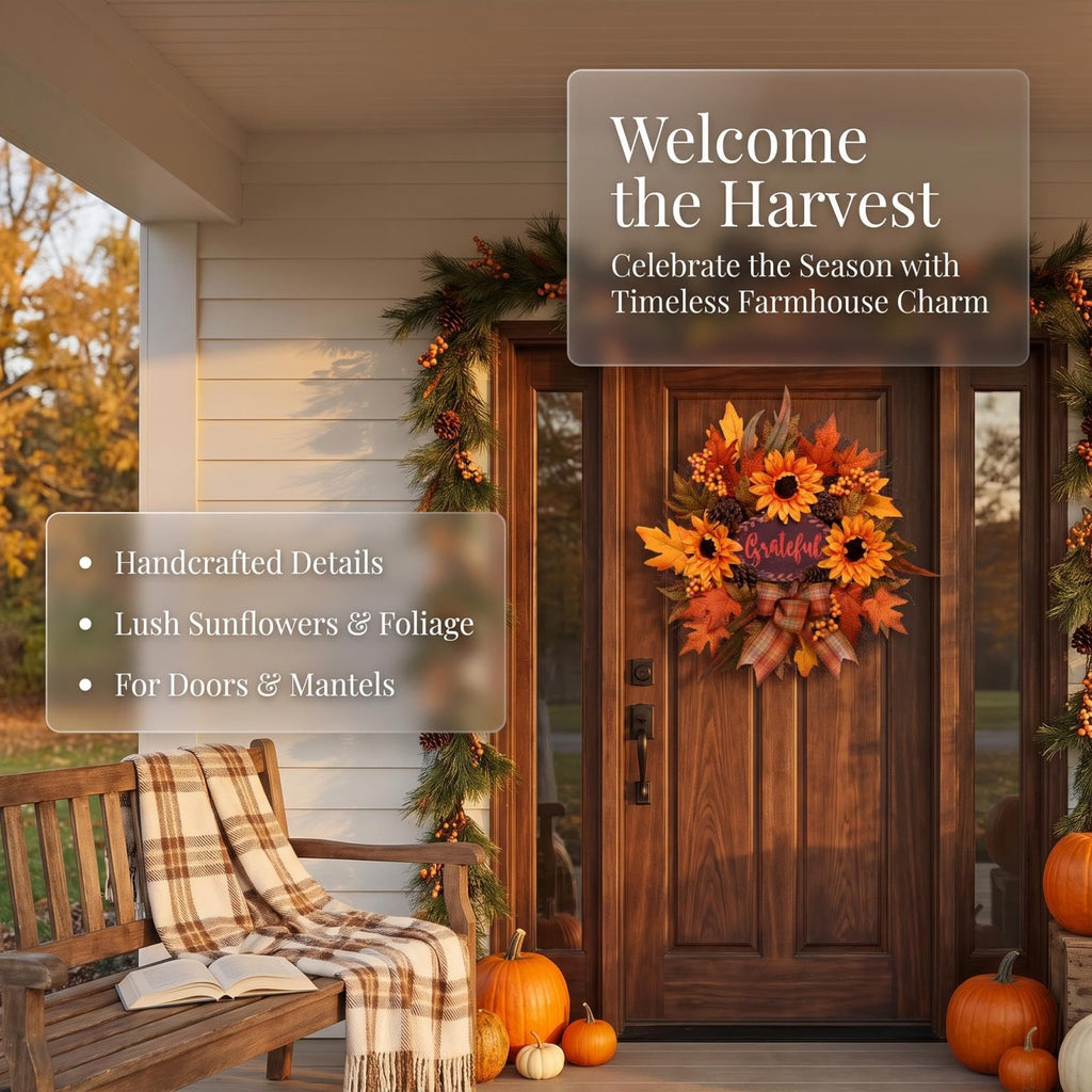 Fall Wreath for Front Door, Autumn Sunflower Wreath, Harvest Decor