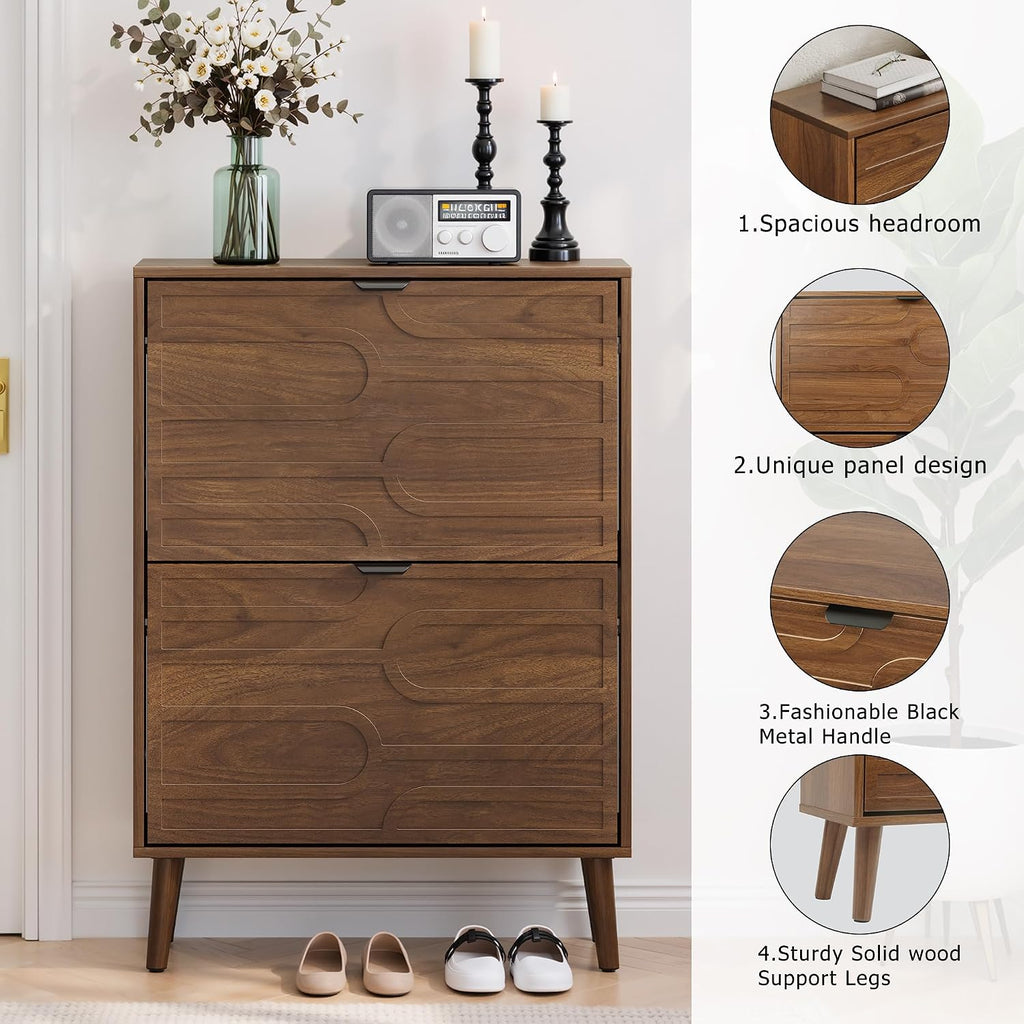 Mid-Century Modern Tilt Out Shoe Cabinet Organizer with Geometric Doors, Slim Entryway Shoe Storage, Walnut
