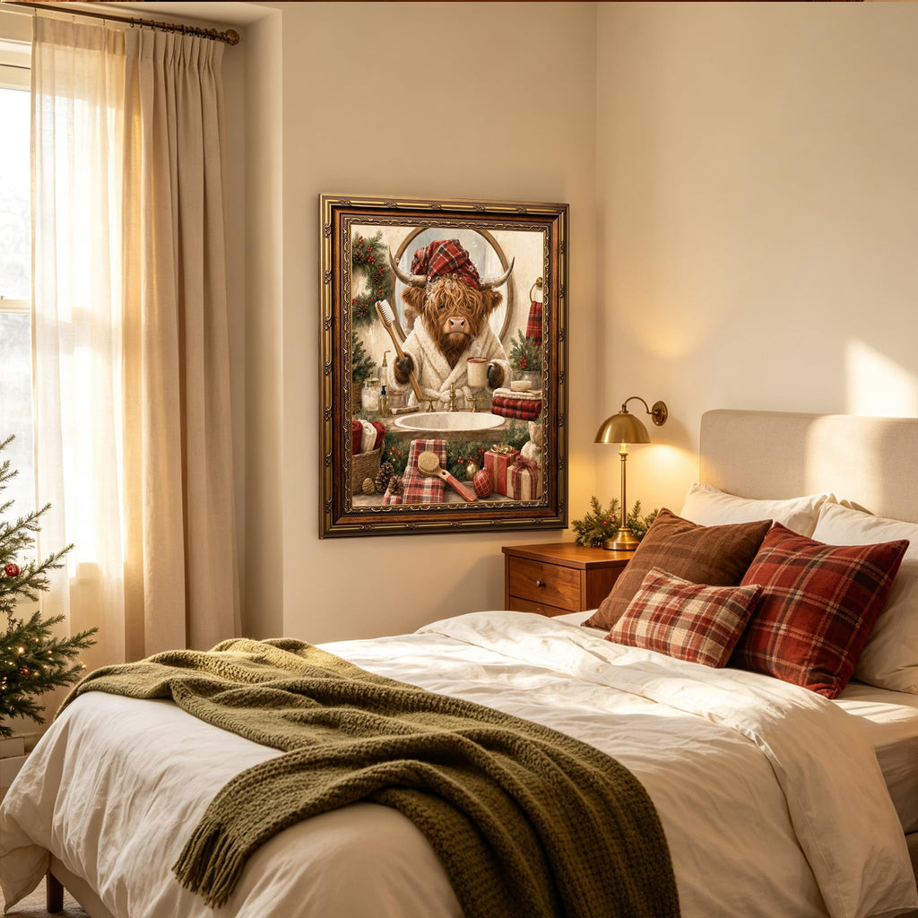 Christmas Highland Cow Wall Art (Christmas Art-C, 16x24in, Framed)