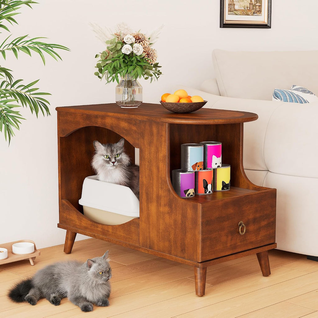 Solid Wood Cat Litter Box Enclosure with Drawer, Wooden Cat Bed