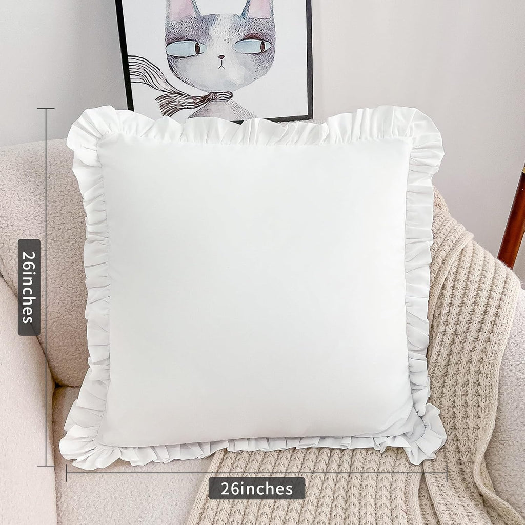 26x26 Euro Sham Covers，Ruffled Square White Euro Pillow Shams Covers Set of 2, 100% Brushed Microfiber 26x26 inches