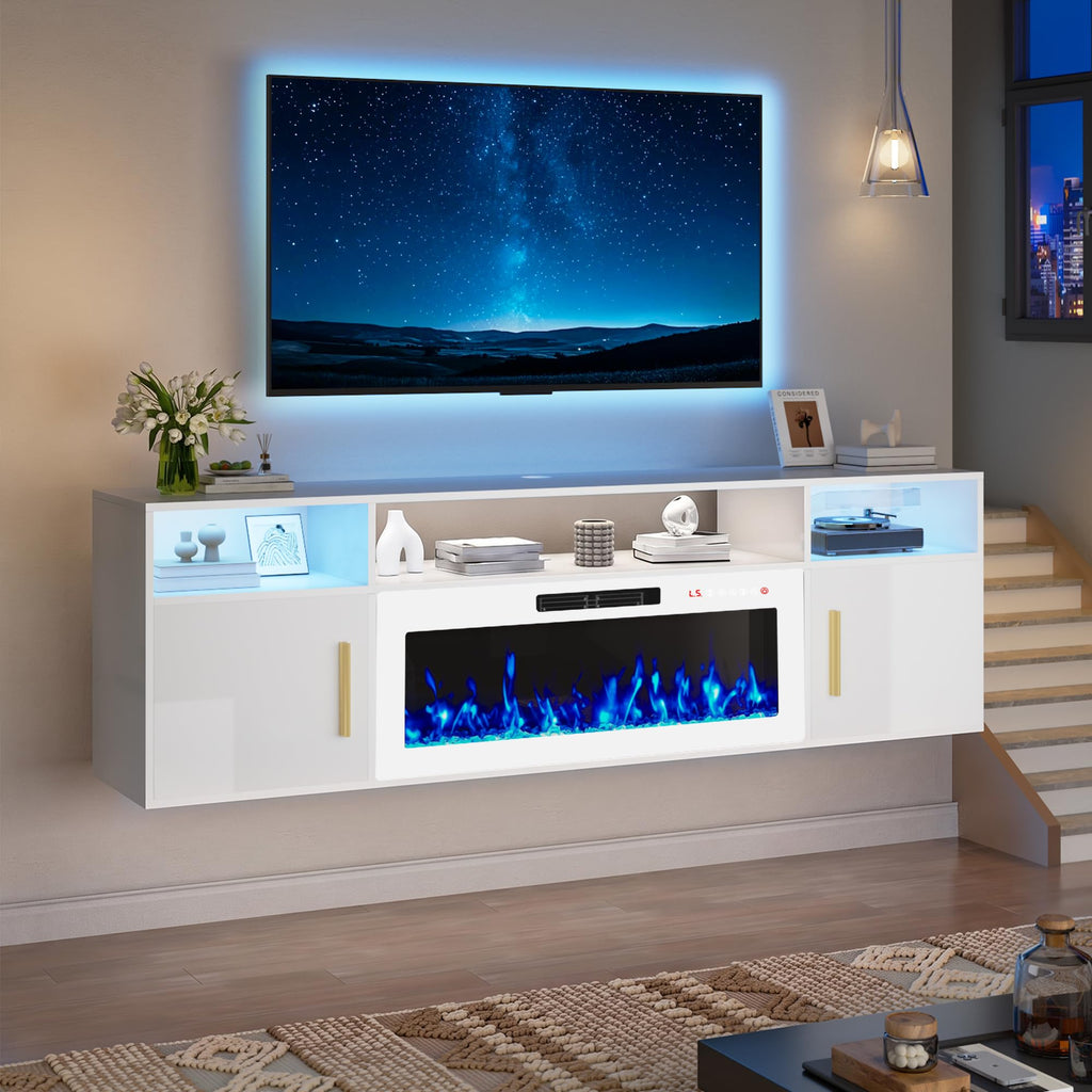 70'' Floating TV Stand with 36" Fireplace, Wall Mounted Entertainment Center with Storage Cabinet and 20 Colors LED