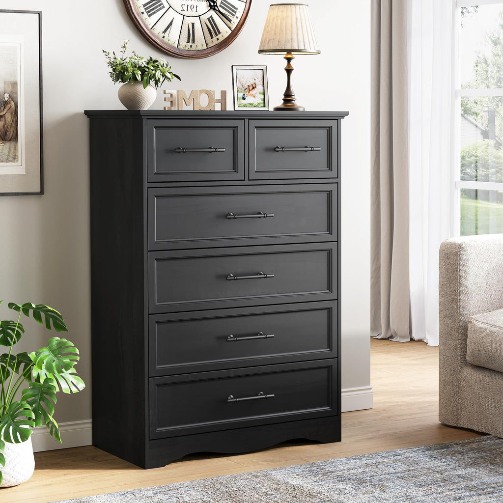 Black 6 Drawer Dresser, 44" Tall Chest of Drawers