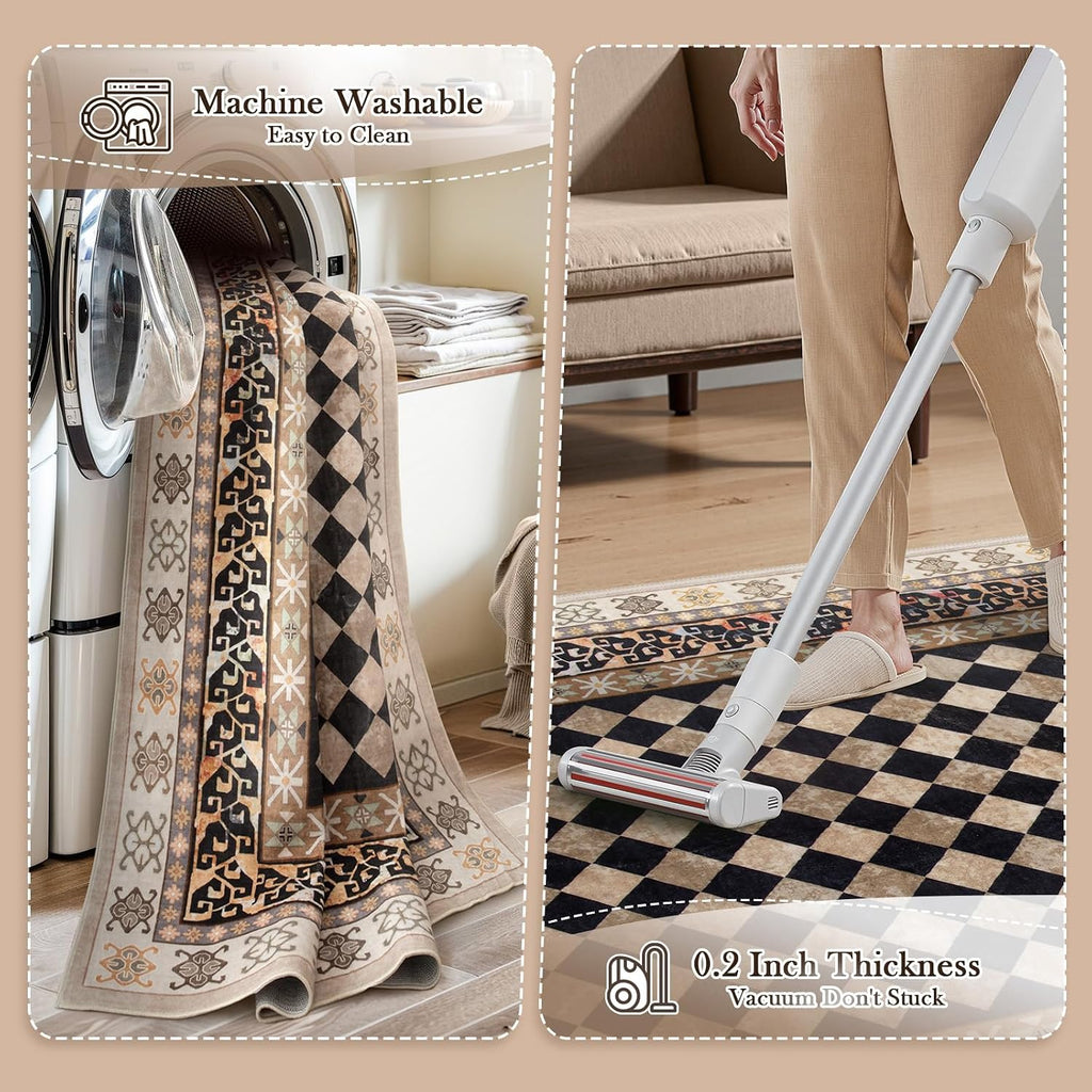 Washable Checkered Kitchen Rug, Black and Brown Trellis Rugs, Stain Resistant Non Slip Funky Carpet Throw Rugs