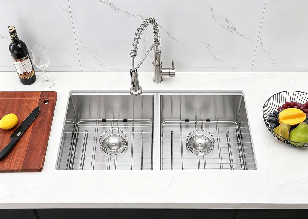 33 Inch Double Bowl Undermount Kitchen Sink, 33x19 Inch Workstation 16 Gauge Stainless Steel Double Kitchen Sinks with