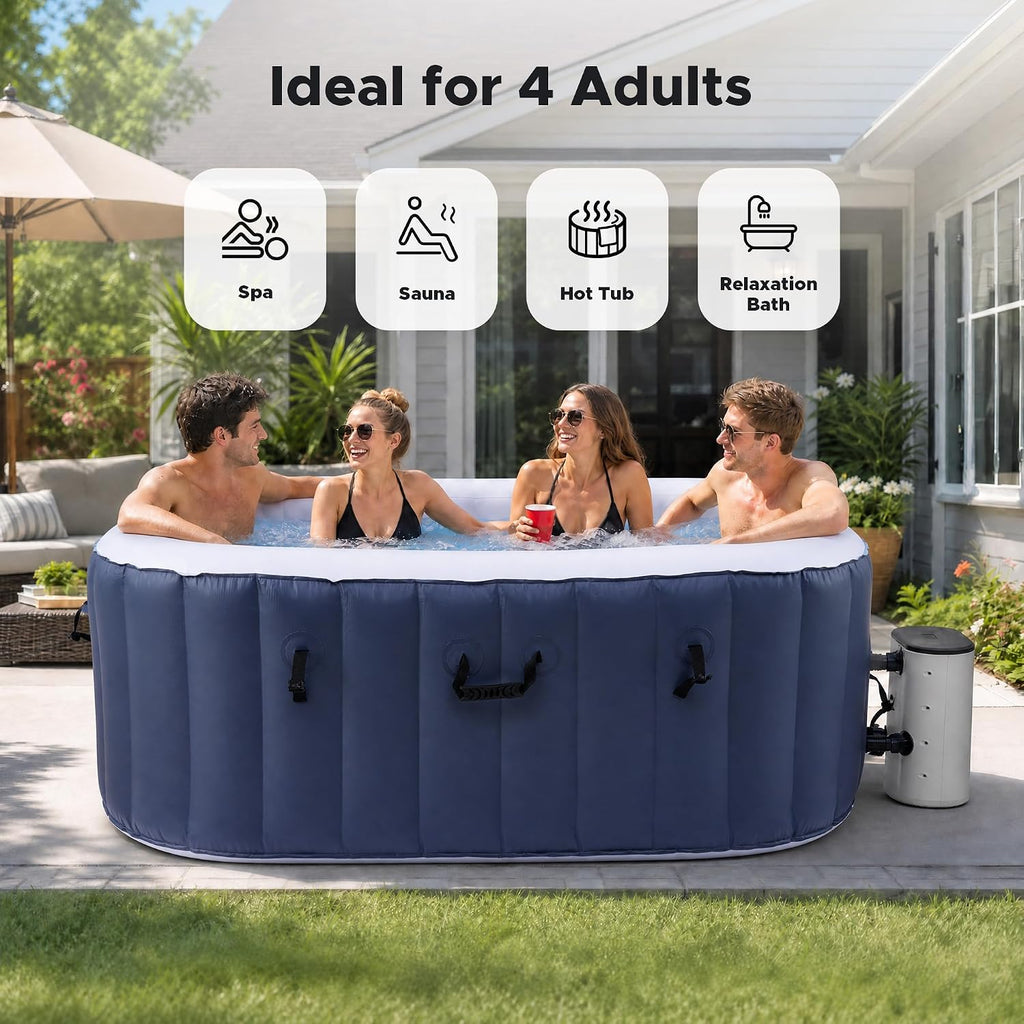 6ft Inflatable Hot Tub, 4-Person Outdoor Spa with 94 Air Jets & Heater | Square 40 °C Powerful Heating & Soothing