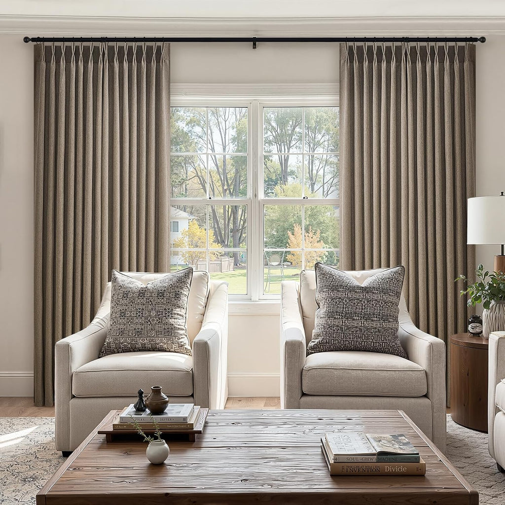 96 Inches Long Pleated Sheer Curtains,Dark Linen Blended Light Filtering Window Curtains 96 Length 2 Panels for