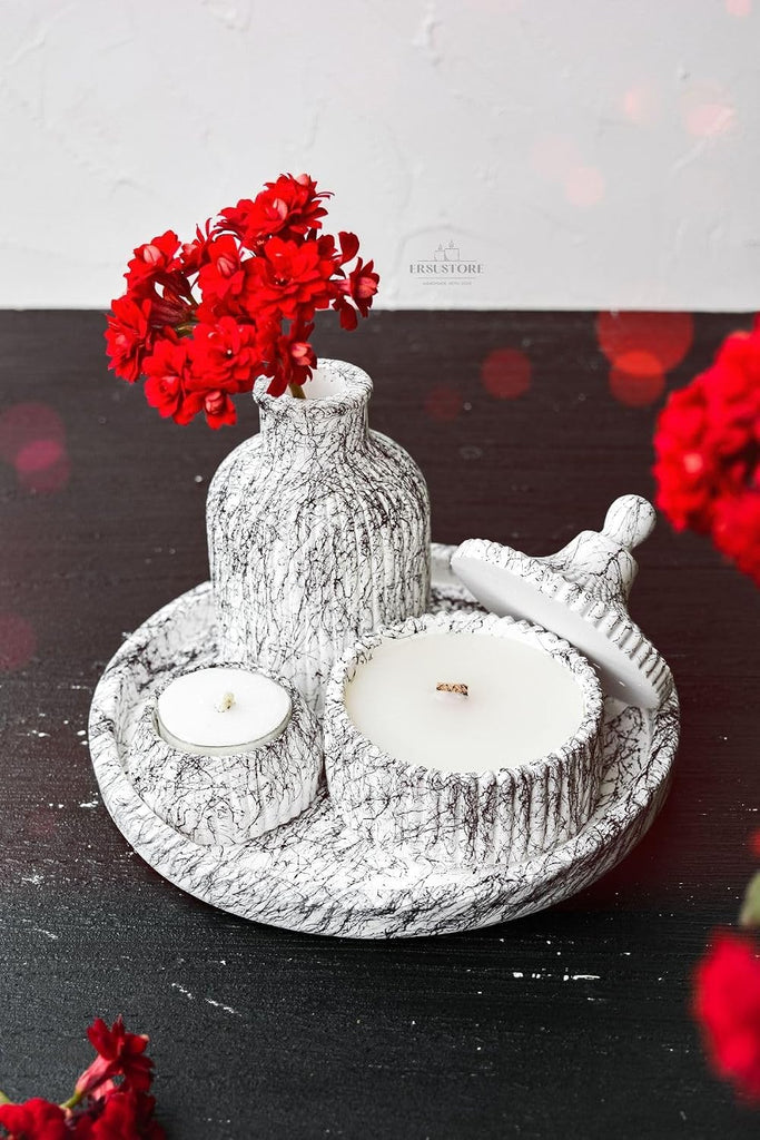 5-Piece Marble Pattern Decorative Concrete Vase and Vanilla Scented SOYA Wax Candle Holder Set - Includes Tray and