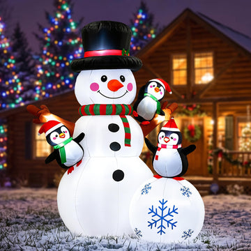 7 FT Christmas Inflatable Snowman with 3 Penguins, Giant Lighted Blow Up Snowman, Outdoor Christmas Yard Decorations