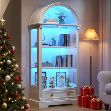 Curio Cabinet with Glass Doors & LED Lights | 72" Tall, Arched Display Cabinet, Human Sensor Lights, 4-Tier Large