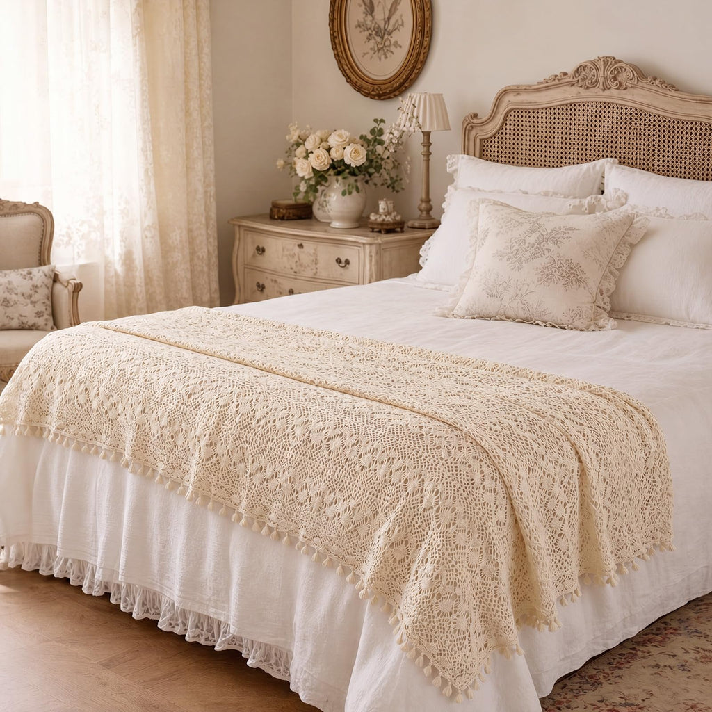 Boho Throw Blanket 50"x60", Vintage Crochet Cotton Blanket for Couch