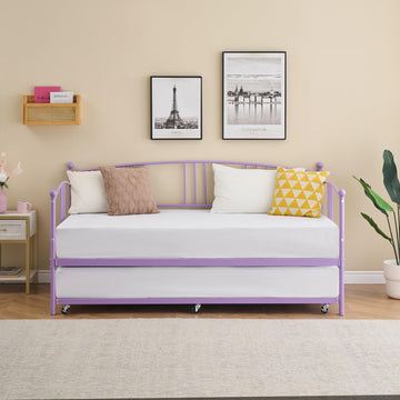 Twin Daybed with Trundle, Sturdy Metal Day Bed with Arched Headboard and Steel Slat Support, Pullout Trundle with 6