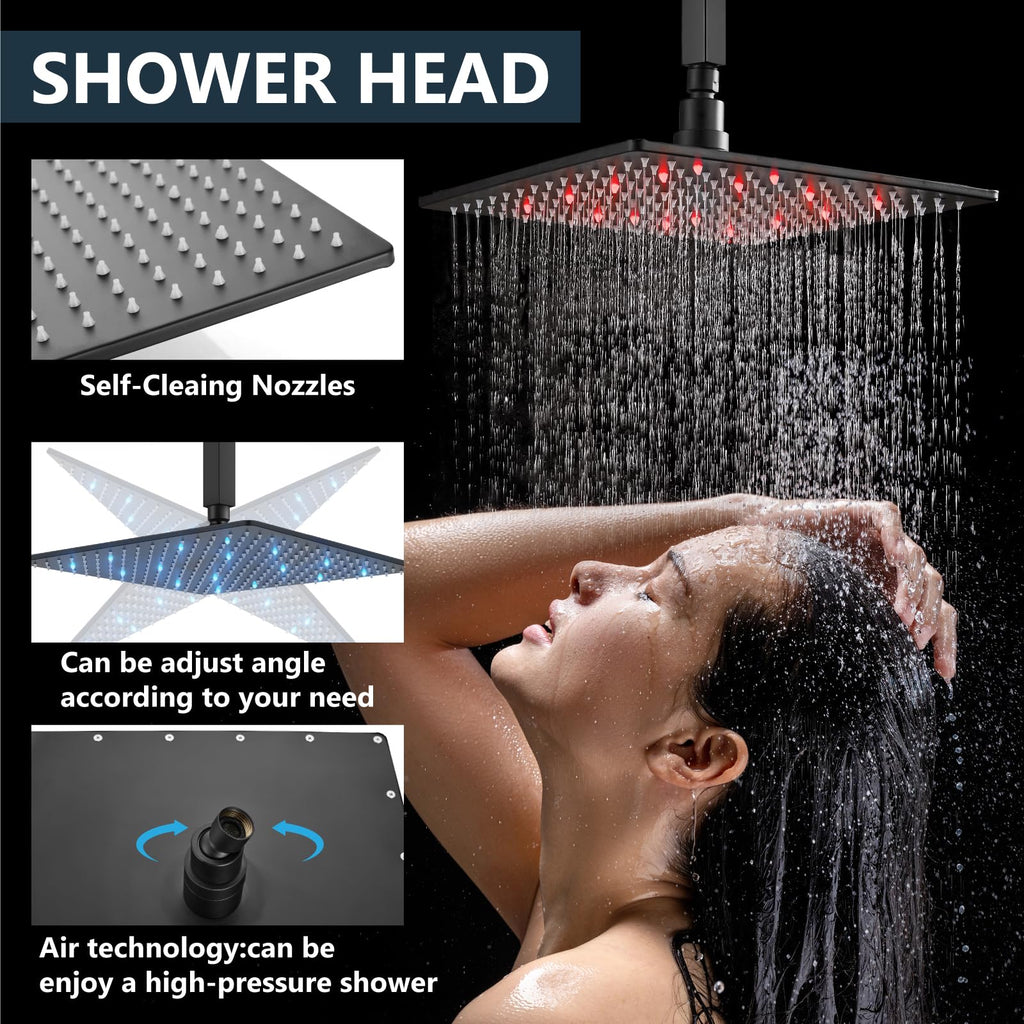 Ceiling Shower Faucet Set with Handheld 16" LED Head Matte Black
