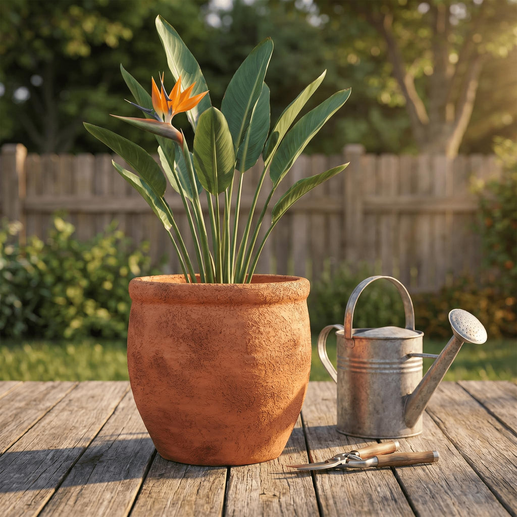 12" Dia Fiberstone Planter - Distressed Terracotta Flower Pot with Textured Matte Finish & Drainage Hole, Rustic