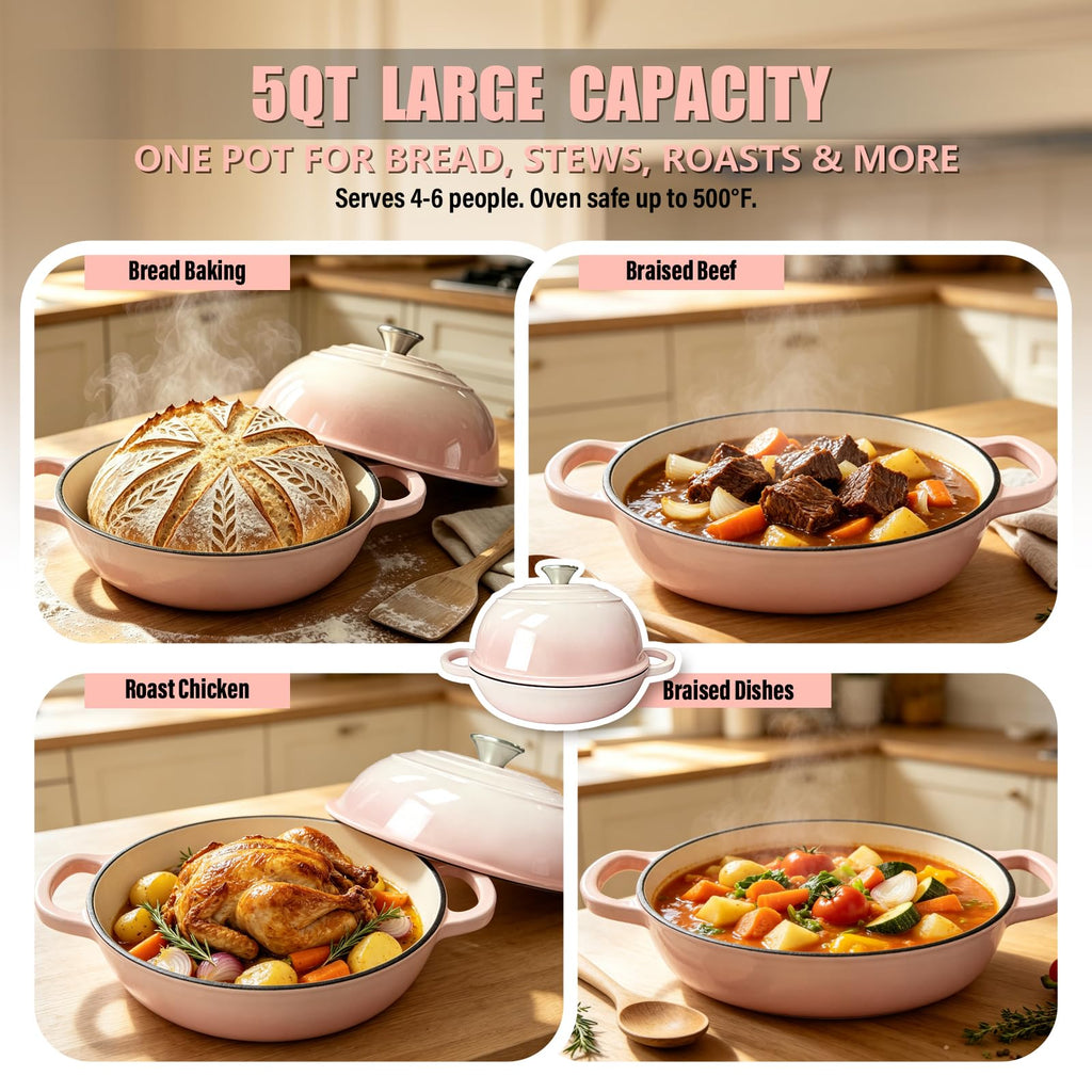 Cast Iron Bread Dutch Oven 6QT Cream Enameled with Lid
