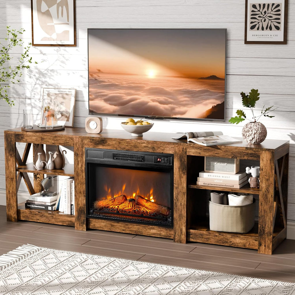 Fireplace TV Stand for up to 80 inch TVs, Farmhouse Entertainment Center with Electric Fireplace Heater & Adjustable Shelves, Fireplace Media Console Table for Living Room, Rustic Brown