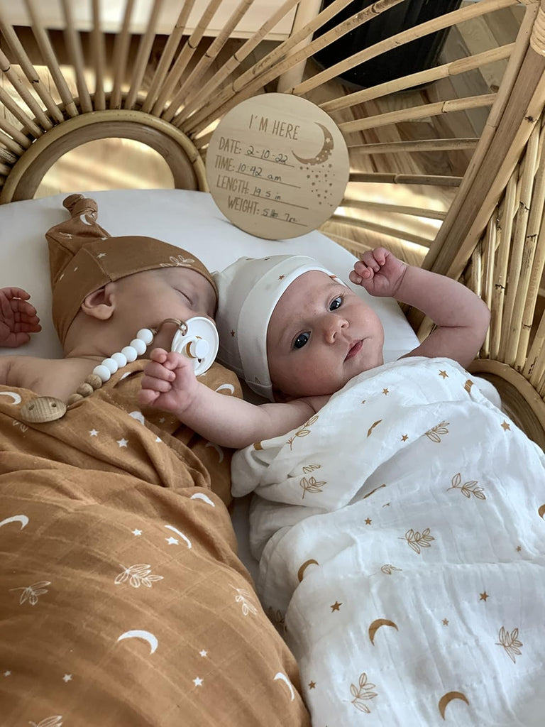 100% Organic Cotton Baby Muslin Swaddle Blanket Set| Burnt Orange Boho Moon| Gender Neutral for Boys Girls|Moon Leaf