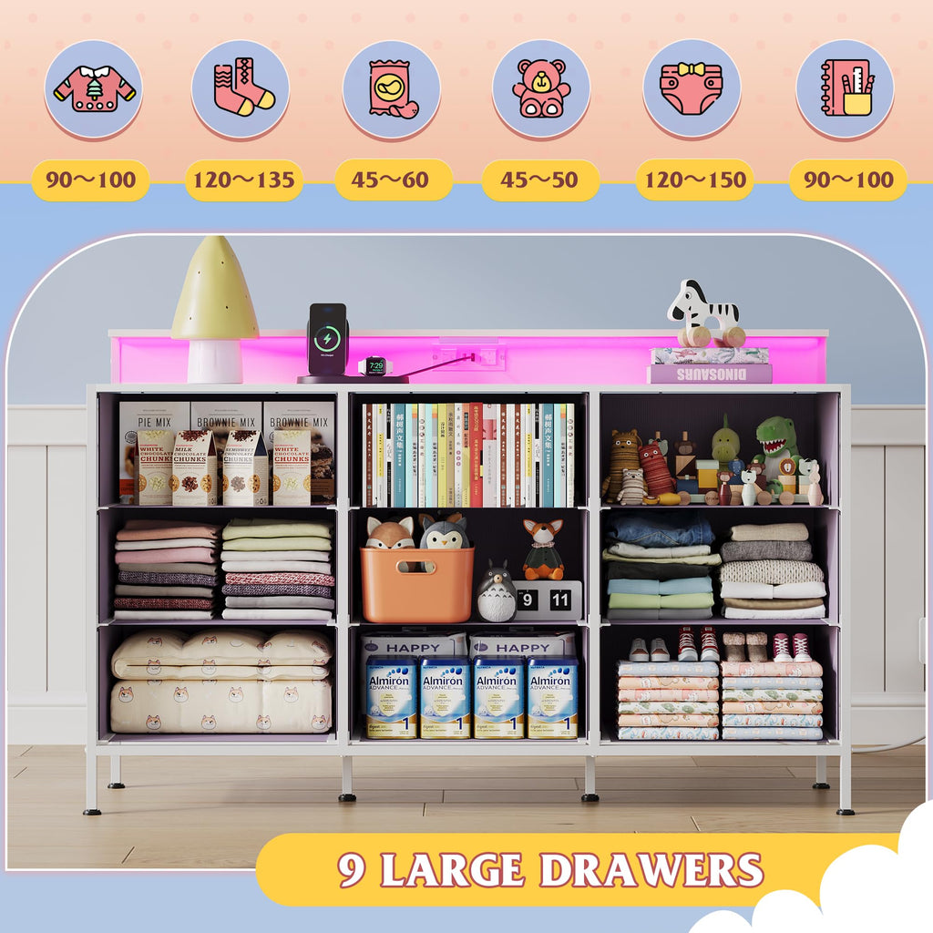 Dresser TV Stand with LED Lights & Outlets, 9 Fabric Drawers, Tie-dye