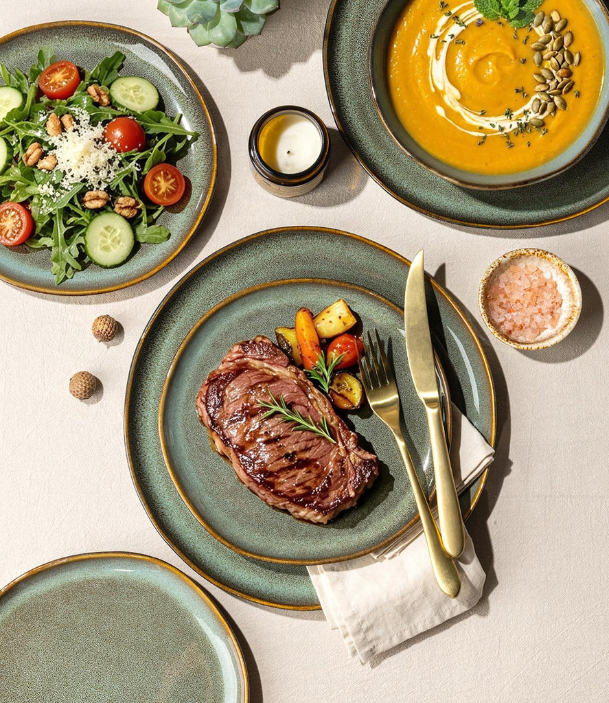 Stoneware Dinnerware Sets for 6, 18 Piece Rustic Plates and Bowls Set