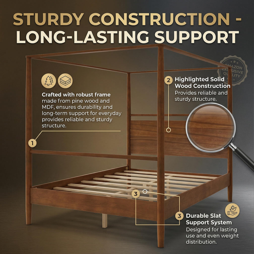 Queen Size Canopy Bed Frame Four Posters Bed No Box Spring Needed, Walnut