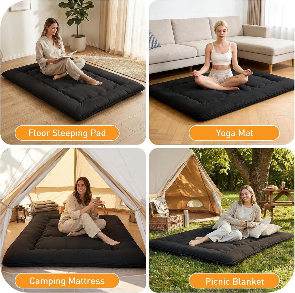 Japanese Floor Mattress, 4" Thick Futon Mattress, Black