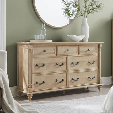 Farmhouse 7-Drawer Dresser with Solid Wood Feet, Natural Oak