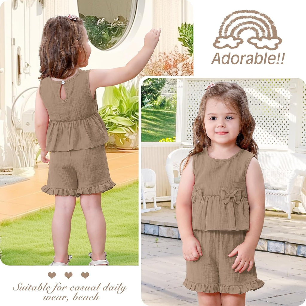 Toddler Baby Girl Clothes Cute Outfits Girls Linen Bow Tank Tops Ruffle Shorts Set Spring Summer Clothes for Kids